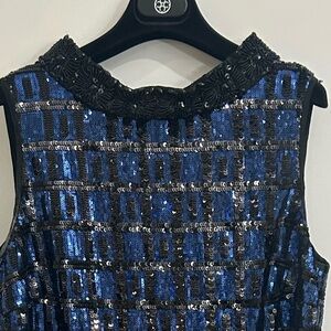 Per Se Blue and Black Sequin Window Pane Pattern Cocktail Dress Sz 10 NWOT